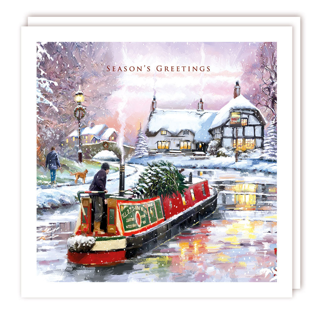 Canal Boat in Snowy Village Premium Charity Christmas Cards 5 Pack Eco-Friendly