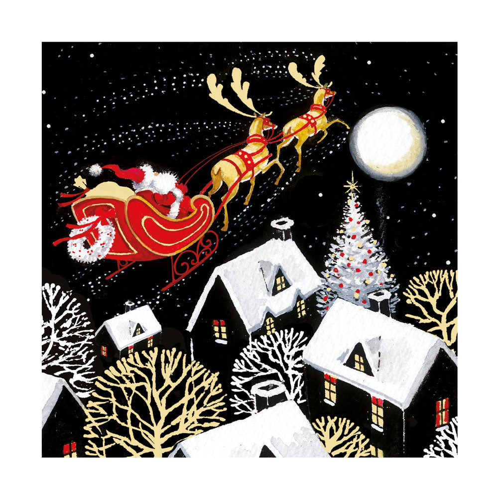 Santa Sleigh Over Village Premium Art Charity Christmas & New Year Cards 5 Pack