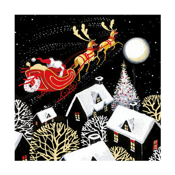 Santa Sleigh Over Village Premium Art Charity Christmas & New Year Cards 5 Pack