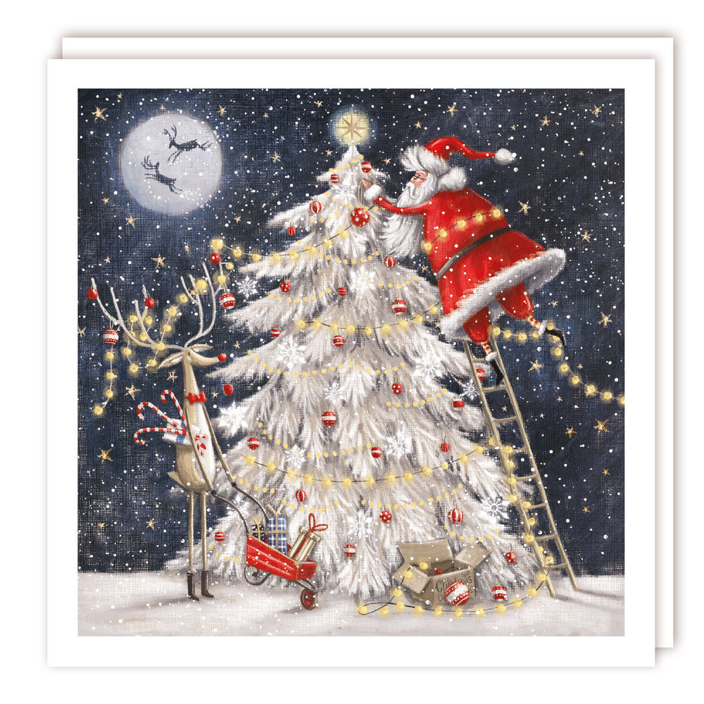 Santa Claus Decorating a Tree Premium Charity Christmas & New Year Cards 5 Pack