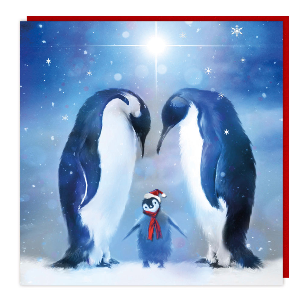 King Penguins Watching Over Santa Chick 3D Lenticular Holographic Christmas Card