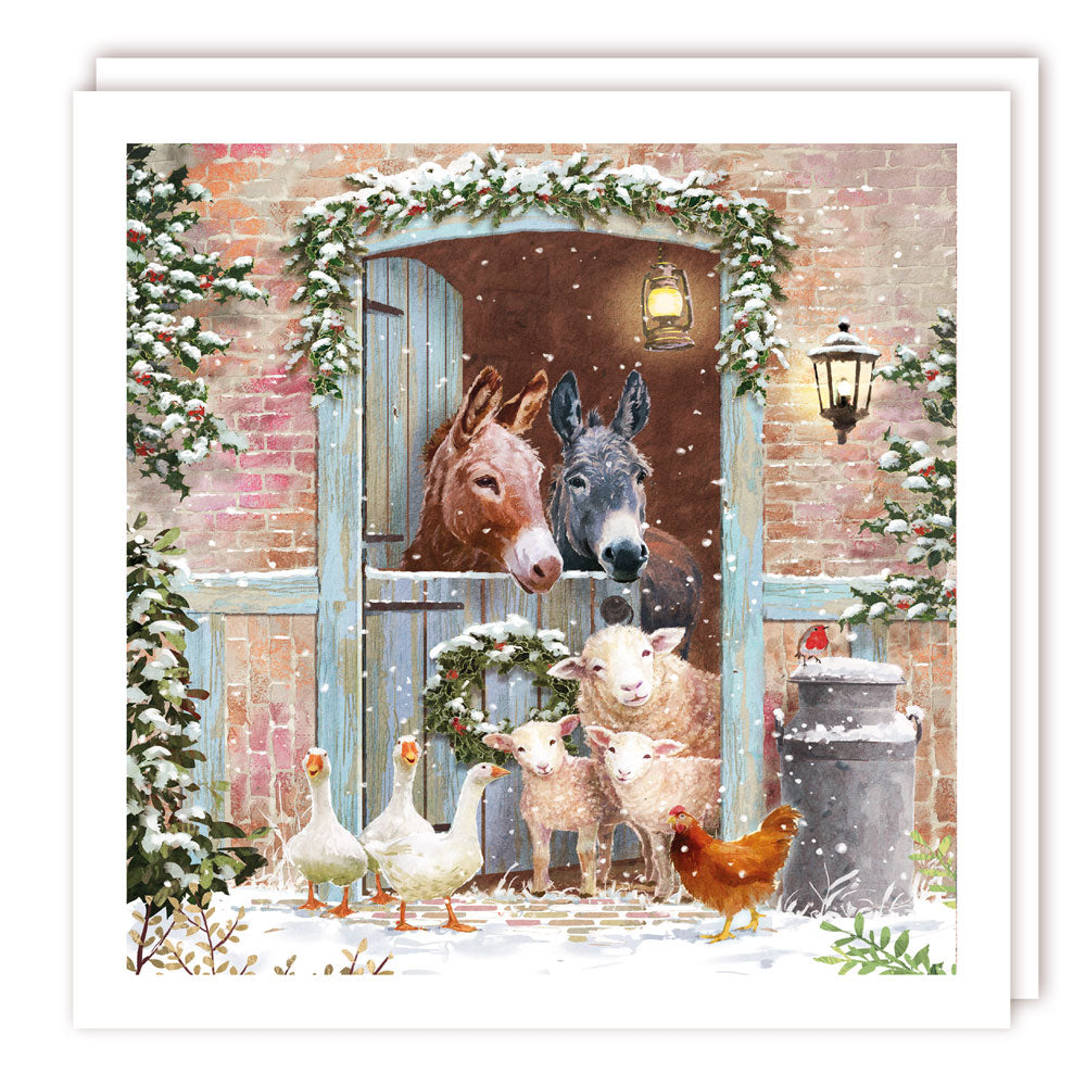 Donkeys Sheep Geese Hen at Snowy Barn Charity Christmas & New Year Cards 5 Pack