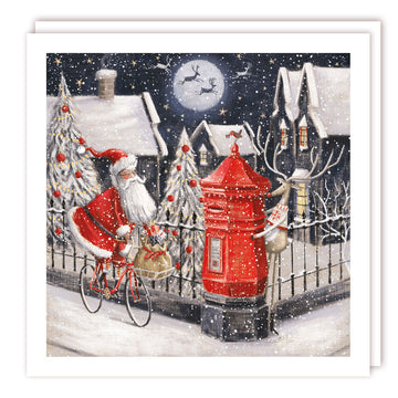 Cycling Santa Snowy Eve Post Premium Charity Christmas & New Year Cards 5 Pack