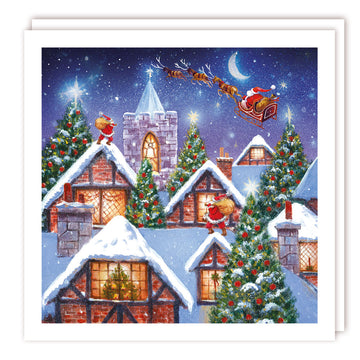 Santa Snowy Rooftop & Steeple Premium Charity Christmas & New Year Cards 5 Pack