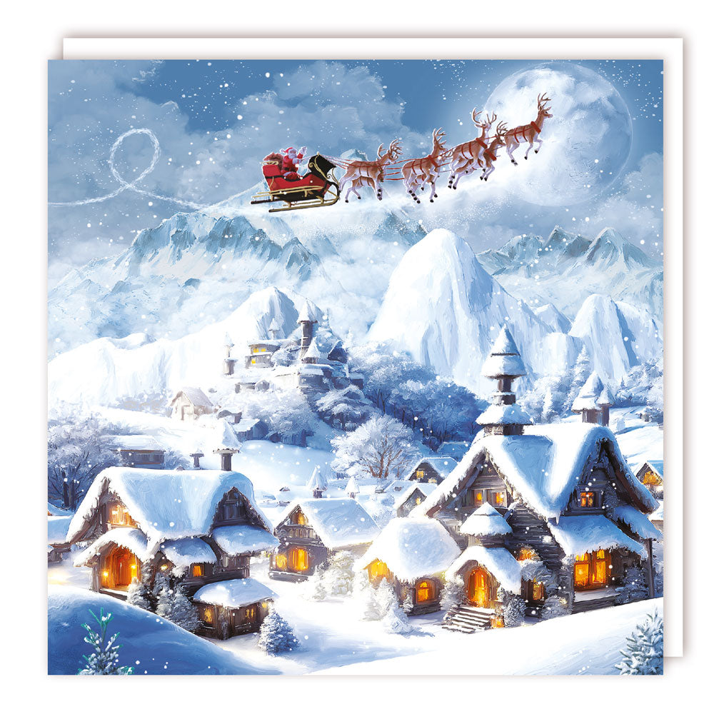 Santa Sleigh Flying Over Snowy Lapland Charity Christmas & New Year Cards 5 Pack