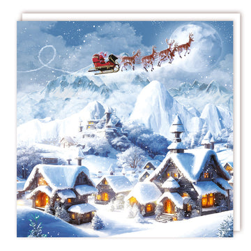 Santa Sleigh Flying Over Snowy Lapland Charity Christmas & New Year Cards 5 Pack