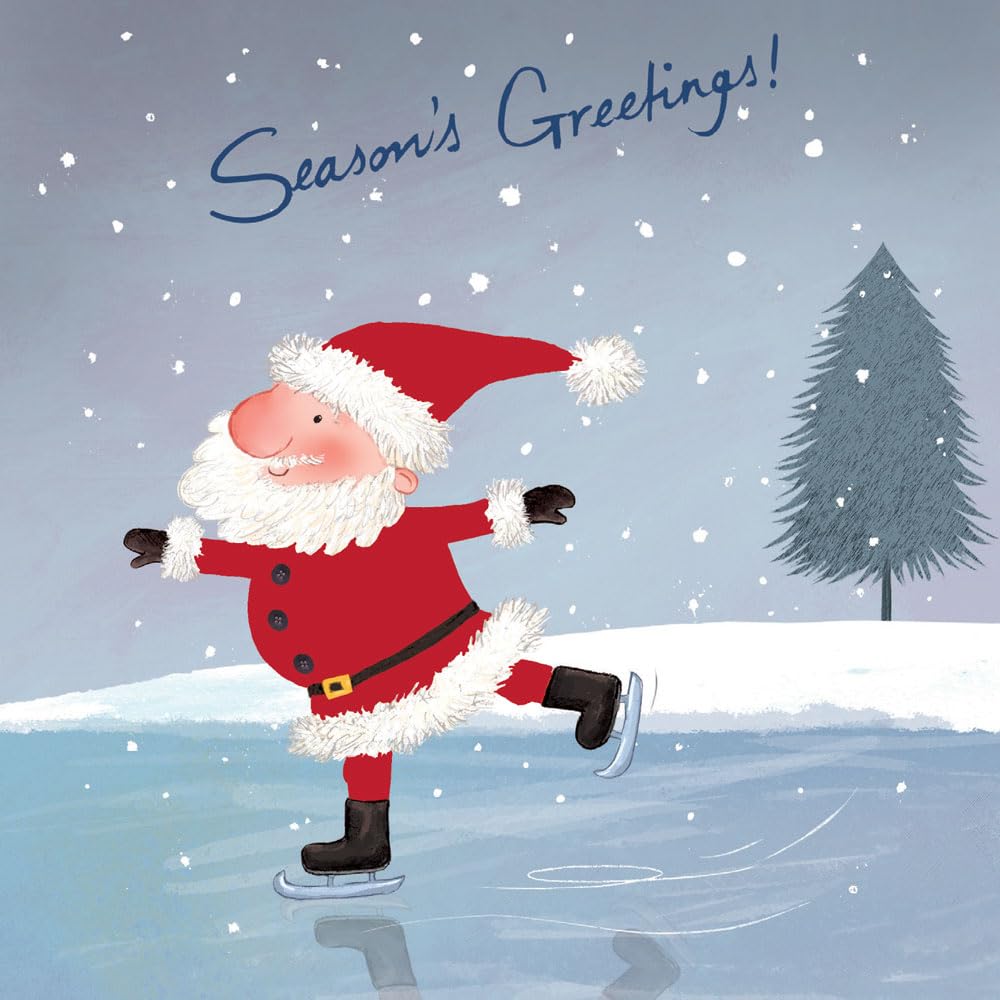 Jolly Santa Claus Skating on Lake Red Foil Charity Seasons Greetings Cards 5 Pack