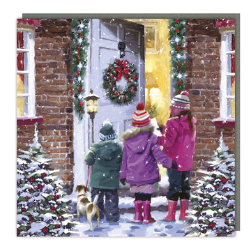 Kids Sing Carols at Door Premium Foil Charity Christmas & New Year Cards 5 Pack