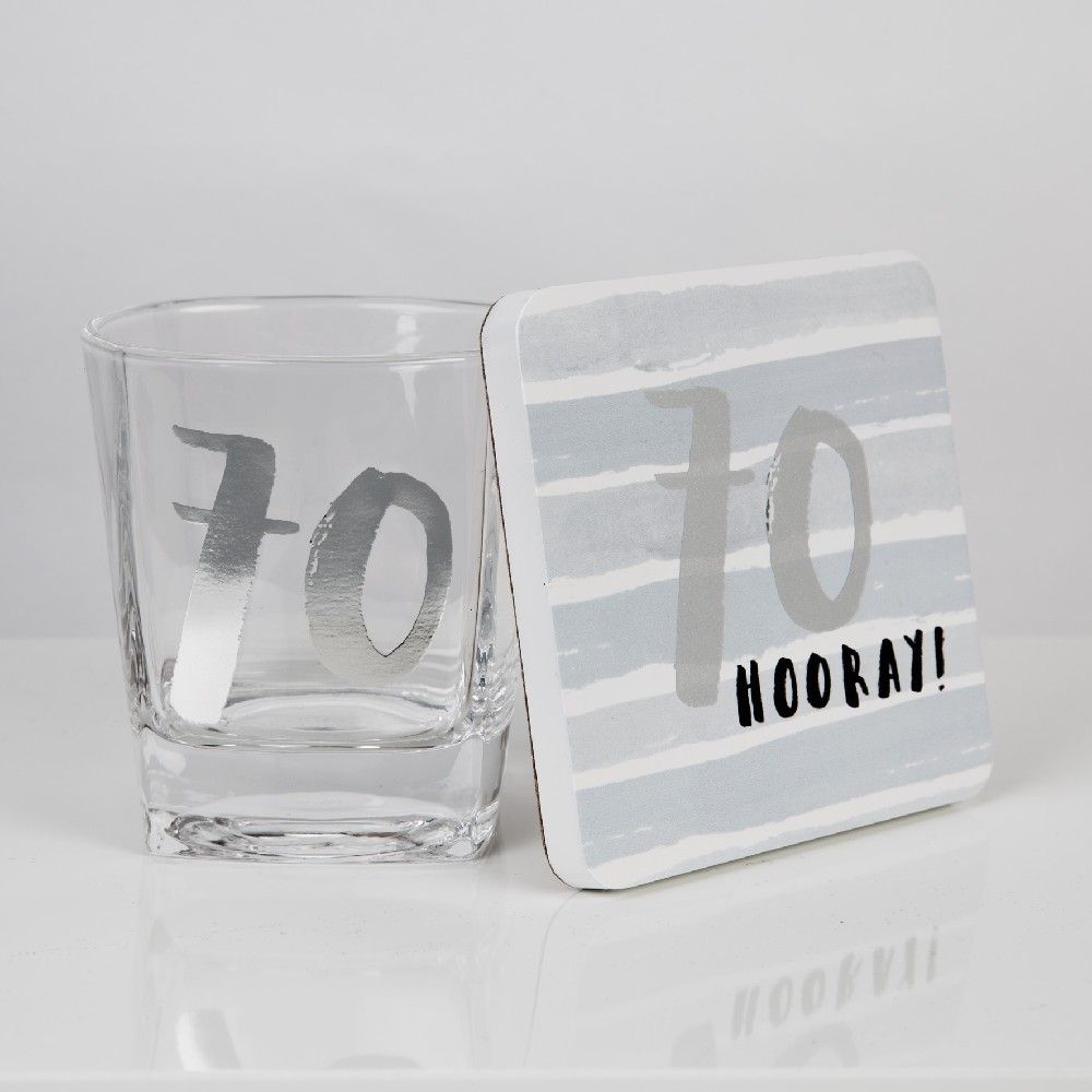 70th Luxe Whiskey Glass & Coaster In Gift Box With 70th Hooray! On Coaster By Widdop Bingham 