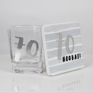 70th Luxe Whiskey Glass & Coaster In Gift Box With 70th Hooray! On Coaster By Widdop Bingham 