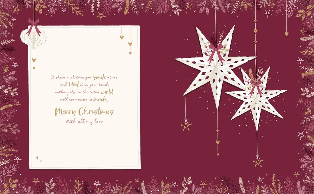 To My Lovely Wife Keepsake Boxed Christmas Card Paper Hanging Heart Bauble Design - 10'' x 8'' - Hand Finished with Gold Emboss and Pink Bow