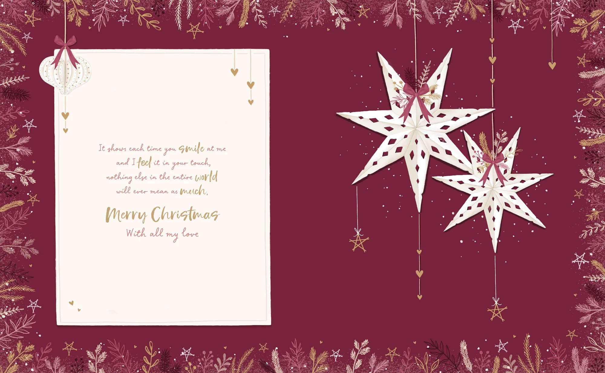 To My Lovely Wife Keepsake Boxed Christmas Card Paper Hanging Heart Bauble Design - 10'' x 8'' - Hand Finished with Gold Emboss and Pink Bow