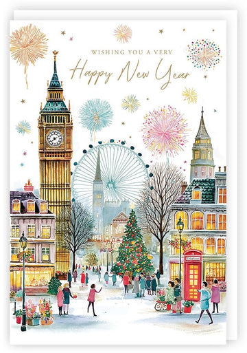 Happy New Year Greeting Card ? Gold Embossed London Skyline & Fireworks Design