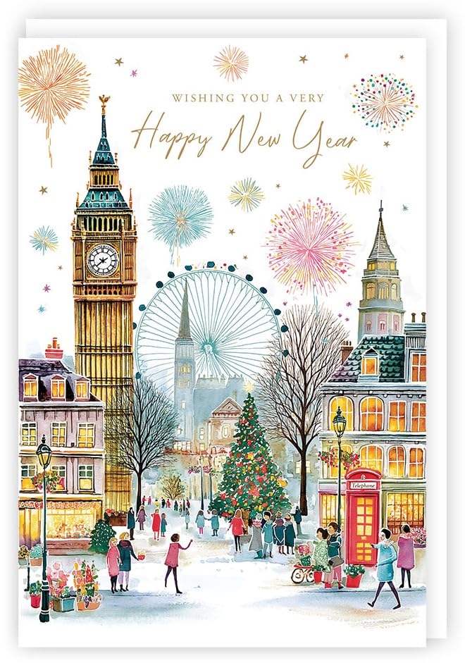 Happy New Year Greeting Card ? Gold Embossed London Skyline & Fireworks Design