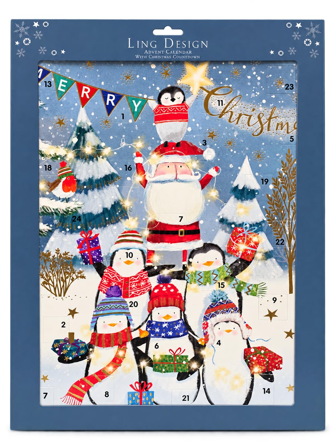 Ling Design XL Advent Calendar - Penguin & Santa Tower with Gold Foil, 24 Door Christmas Countdown, 43 x 32 cm