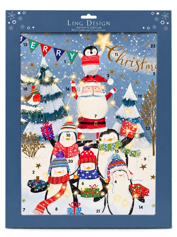 Ling Design XL Advent Calendar - Penguin & Santa Tower with Gold Foil, 24 Door Christmas Countdown, 43 x 32 cm