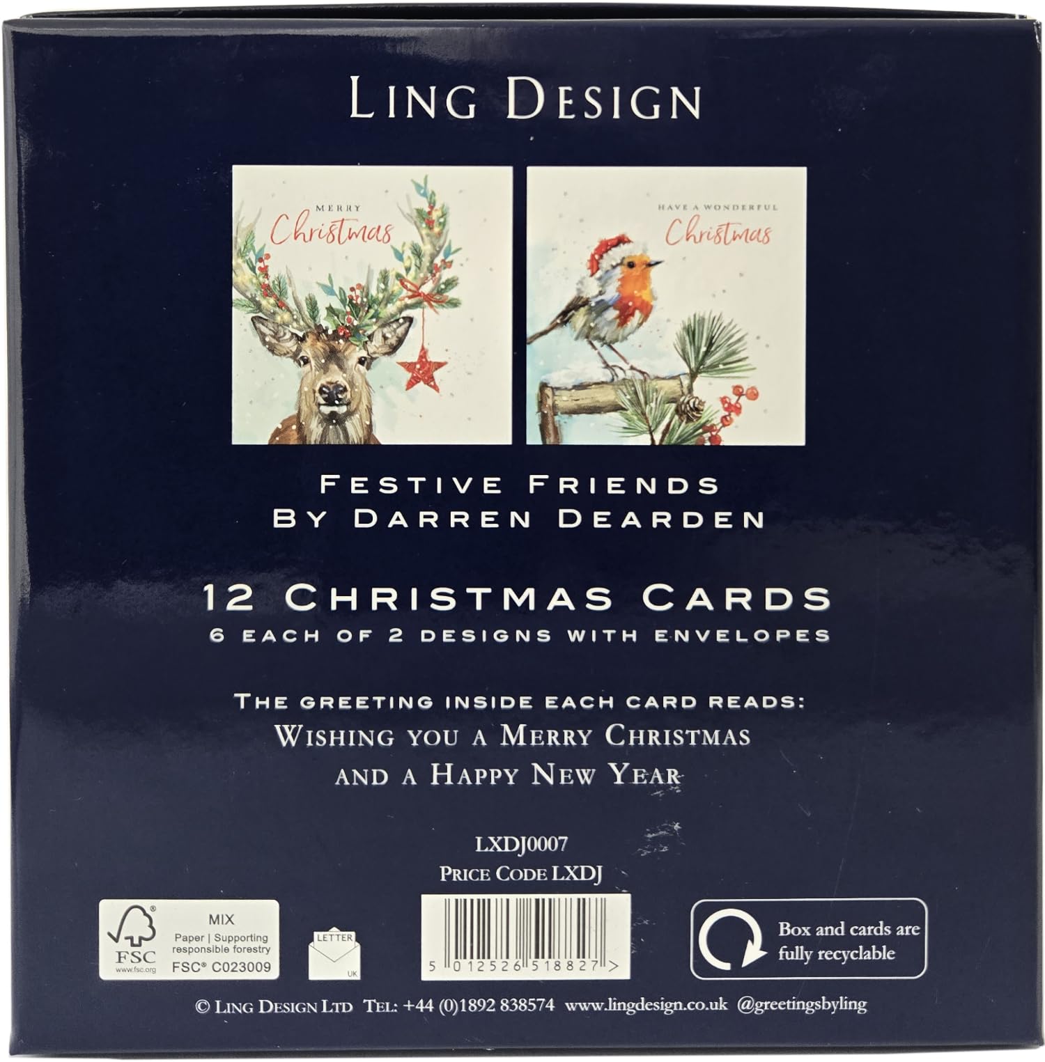 Festive Stag & Robin Deluxe Box of 12 Christmas & New Year Cards - 135 x 135mm (5.5x5.5in) - Gloss Finish on Premium Board by Ling Design