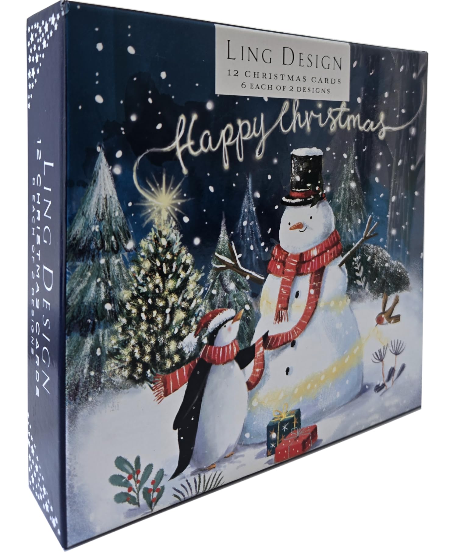 Magical Snowman & Penguin Festive Art Deluxe Box of 12 Christmas & New Year Cards - 135 x 135mm (5.5x5.5in) - Gloss Finish on Premium Board by Ling Design