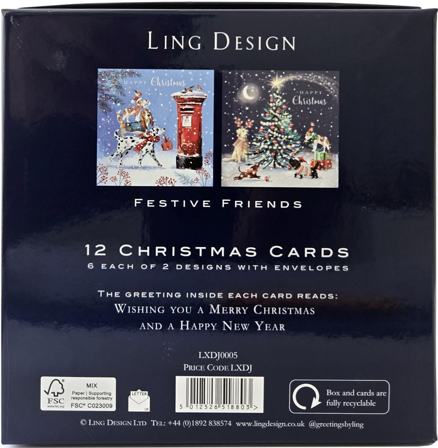 Festive Pet Dogs at Xmas - Deluxe Box of 12 Christmas & New Year Cards - 135 x 135mm (5.5x5.5in) - Gloss Finish on Premium Board by Ling Design