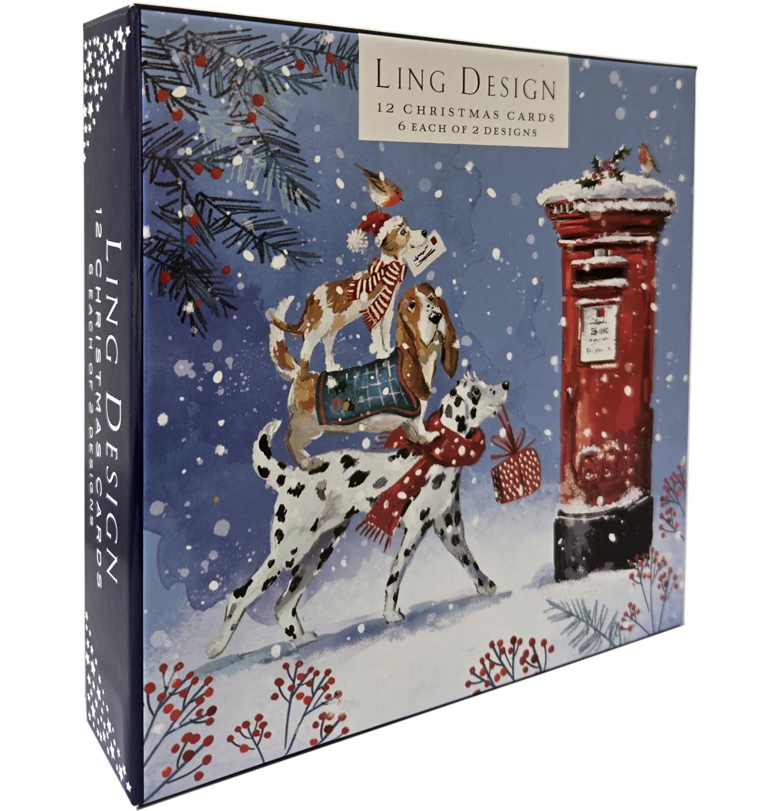 Festive Pet Dogs at Xmas - Deluxe Box of 12 Christmas & New Year Cards - 135 x 135mm (5.5x5.5in) - Gloss Finish on Premium Board by Ling Design