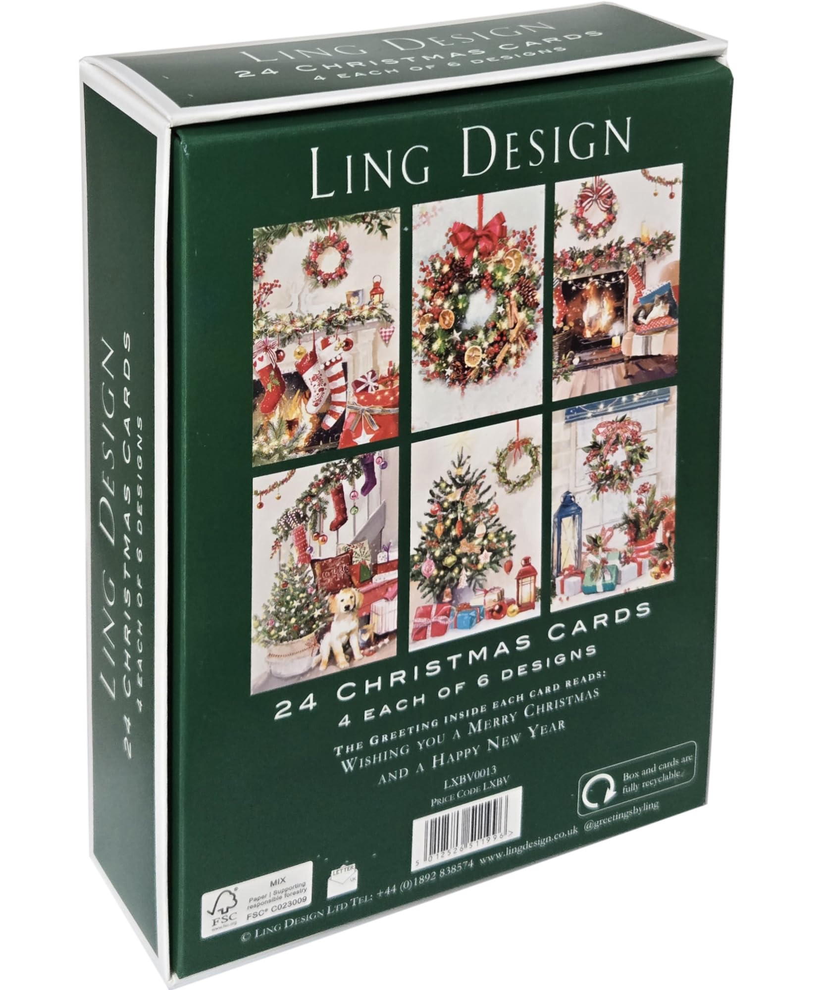 Cosy Christmas Traditional Box of 24 Assorted Xmas & New Year Cards - 4 Each of 6 Designs by Ling Design