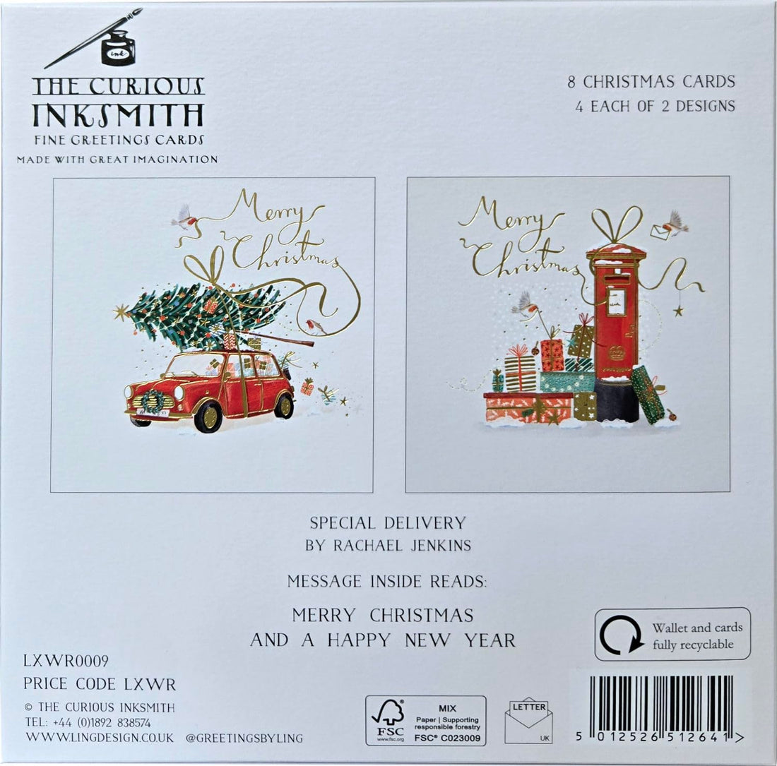 Special Delivery Festive Arts & Crafts Pack of 8 Christmas Cards in 2 Designs by The Curious Inksmith - Gold Embossed