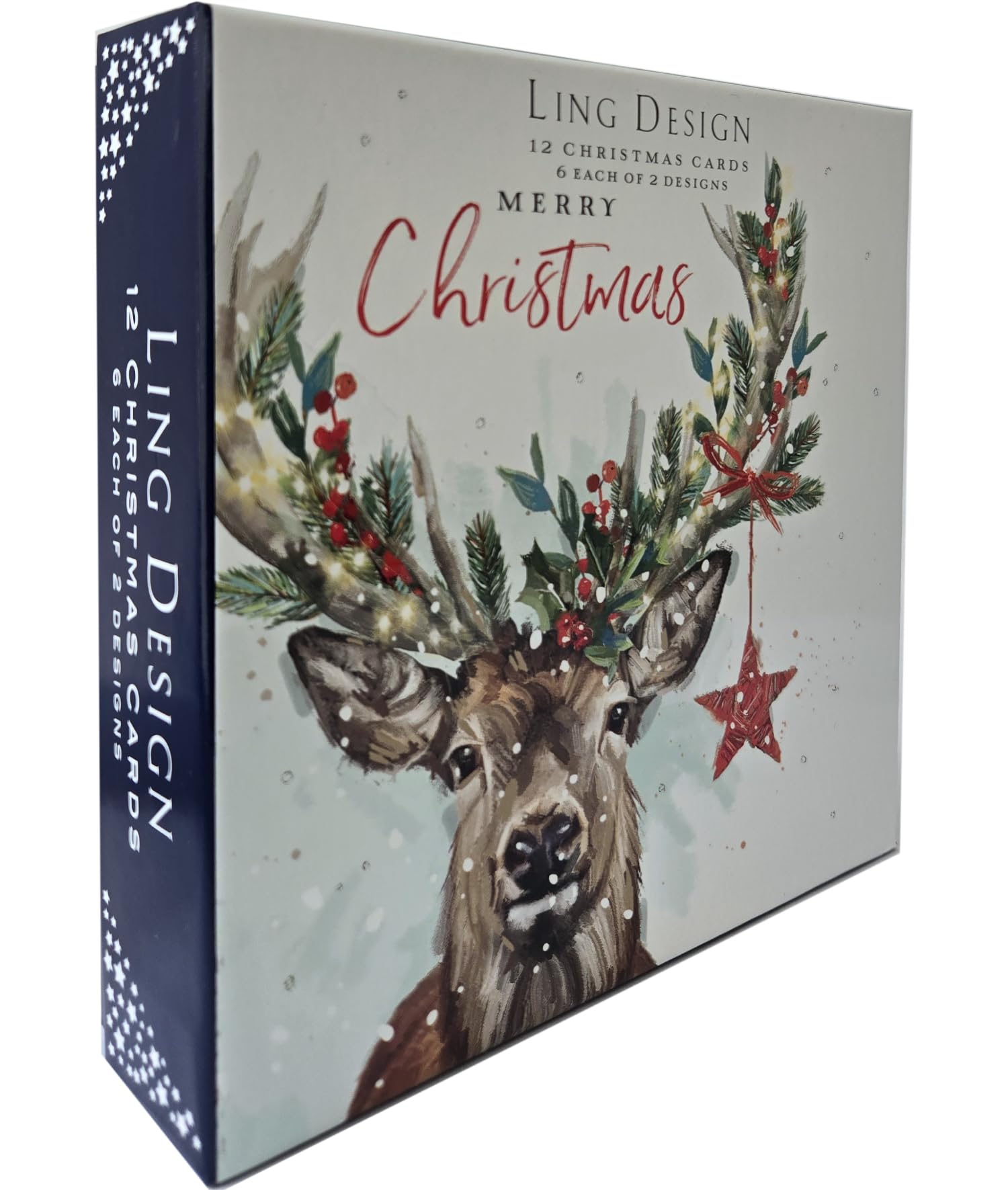 Festive Stag & Robin Deluxe Box of 12 Christmas & New Year Cards - 135 x 135mm (5.5x5.5in) - Gloss Finish on Premium Board by Ling Design