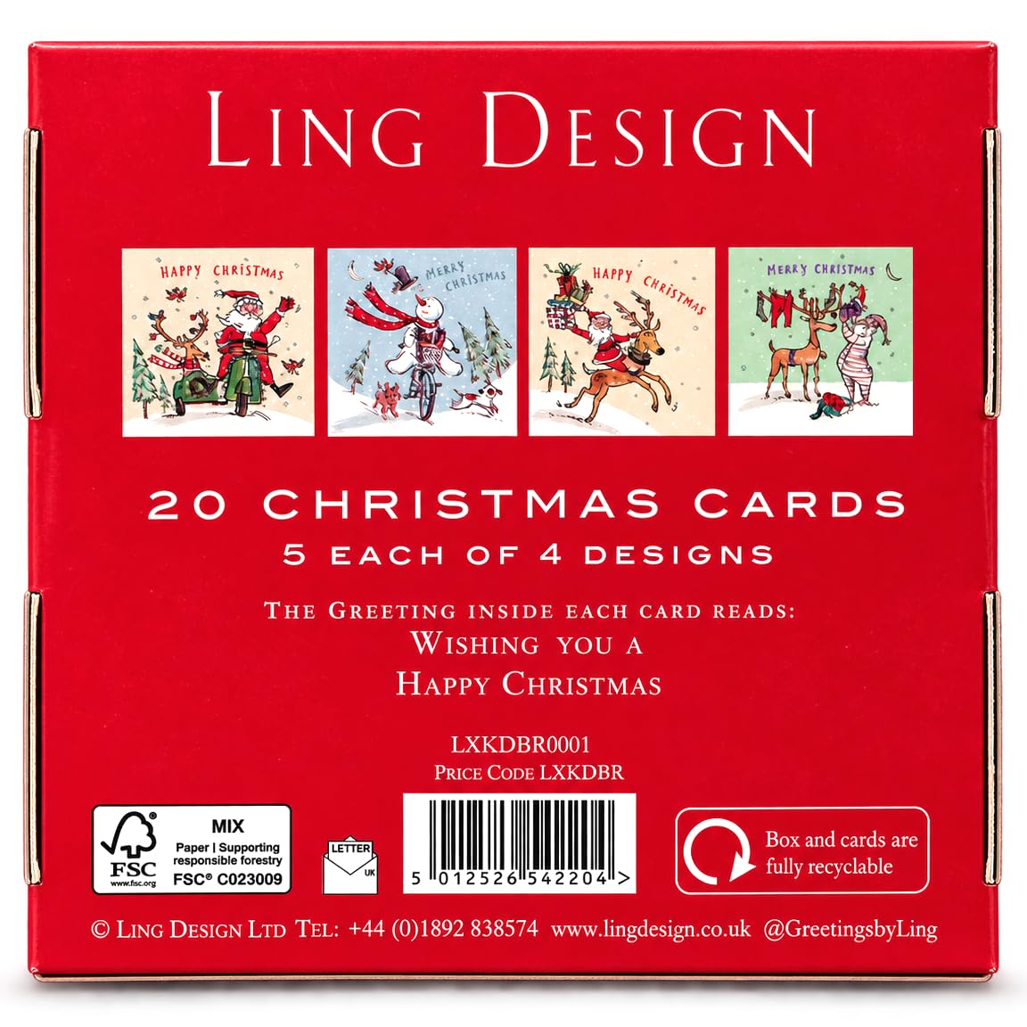 Ling Design Festive Illustrated Christmas Cards Box ? 20 Cards, 4 Assorted Designs