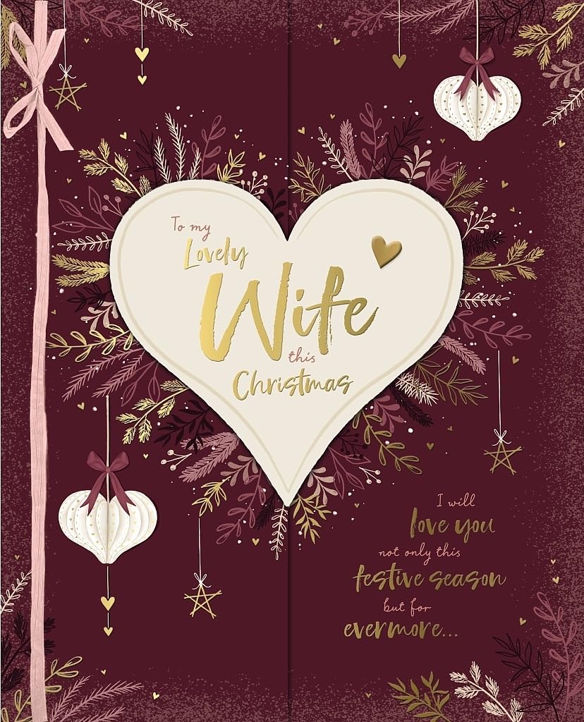To My Lovely Wife Keepsake Boxed Christmas Card Paper Hanging Heart Bauble Design - 10'' x 8'' - Hand Finished with Gold Emboss and Pink Bow