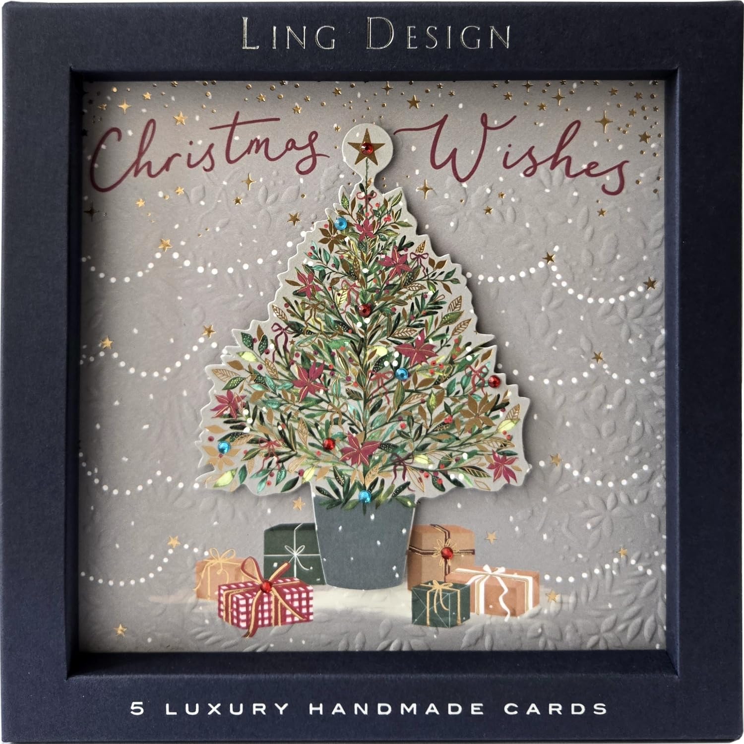 Pack of 5 Exquisite Handmade Christmas Cards - Foil Embossed - Embellished - Raised Cut-Out Greeting Cards - 160 x 160mm by Ling Design
