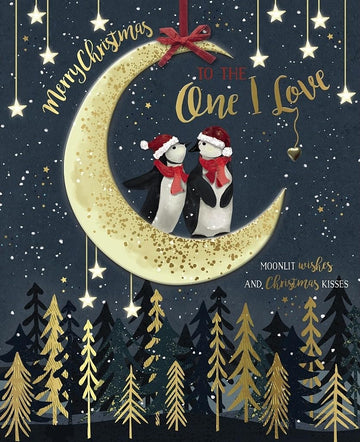 To The One I Love Keepsake Boxed Christmas Card - Penguins Stood on Moon Design - 10 x 8 - Hand Finished with Gold Embossing and Red Bow