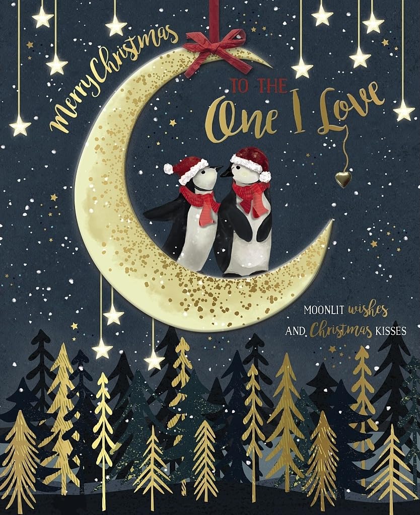 To The One I Love Keepsake Boxed Christmas Card - Penguins Stood on Moon Design - 10 x 8 - Hand Finished with Gold Embossing and Red Bow