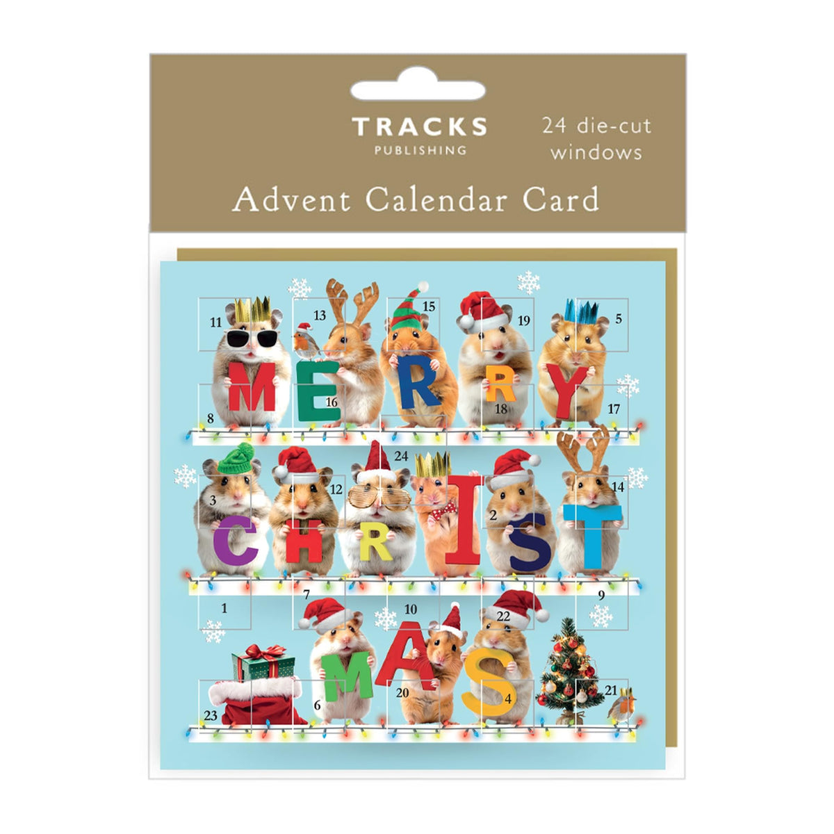 Tracks Publishing Advent Calendar Card - 24 Door Christmas Countdown, 160 x 160 mm, Kraft Envelope - 6 Designs