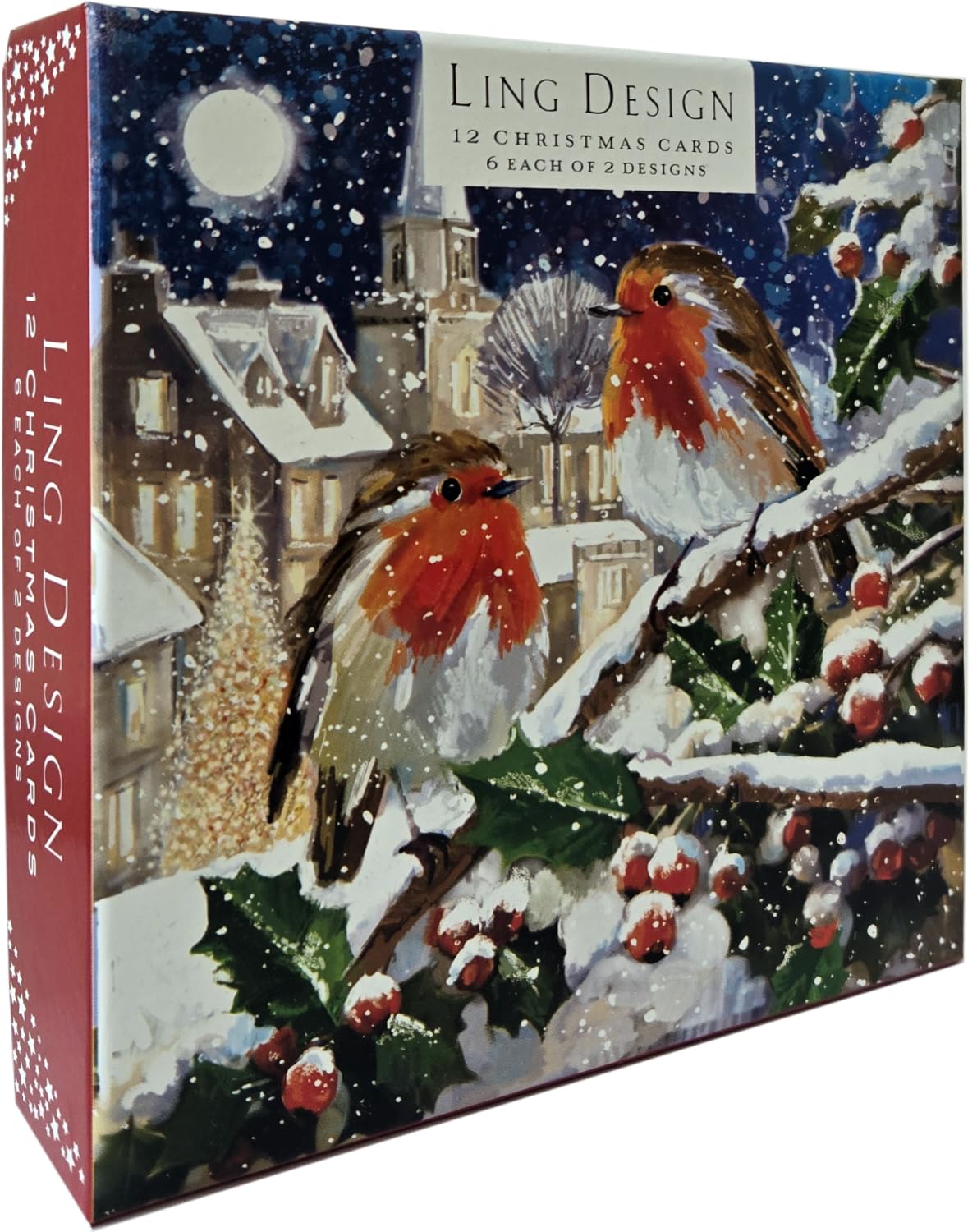 Red Breast Robins Festive Art Deluxe Box of 12 Christmas & New Year Cards - 135 x 135mm (5.5x5.5in) - Gloss Finish on Premium Board - Great British Card Company