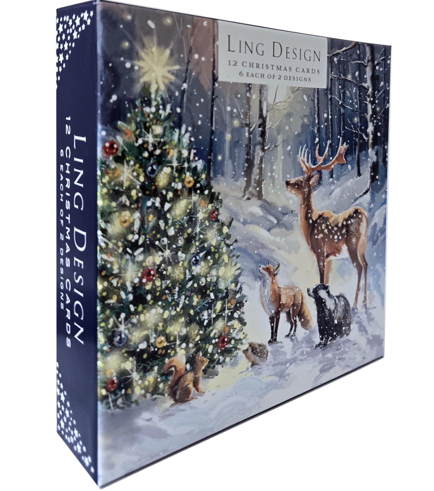 Magical Winter Forest Festive Art Deluxe Box of 12 Christmas & New Year Cards - 135 x 135mm (5.5x5.5in) - Gloss Finish on Premium Board by Ling Design