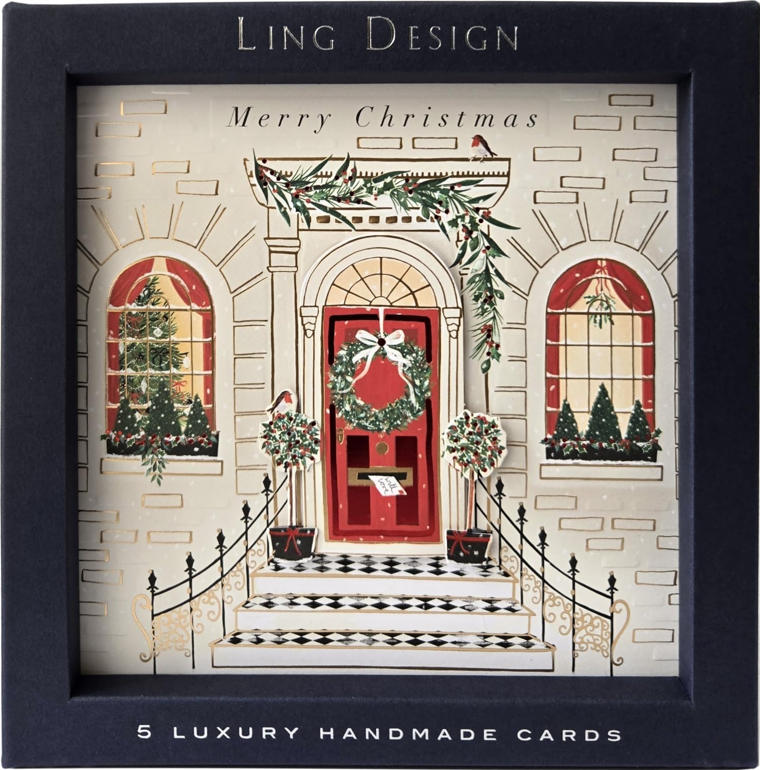 Pack of 5 Exquisite Handmade Christmas Cards - Foil Embossed - Embellished - Raised Cut-Out Greeting Cards - 160 x 160mm by Ling Design