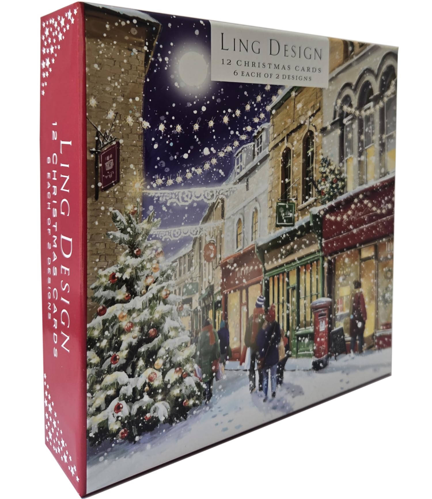 Festive Town Shopping Deluxe Box of 12 Christmas & New Year Cards - 135 x 135mm (5.5x5.5in) - Gloss Finish on Premium Board by Ling Design