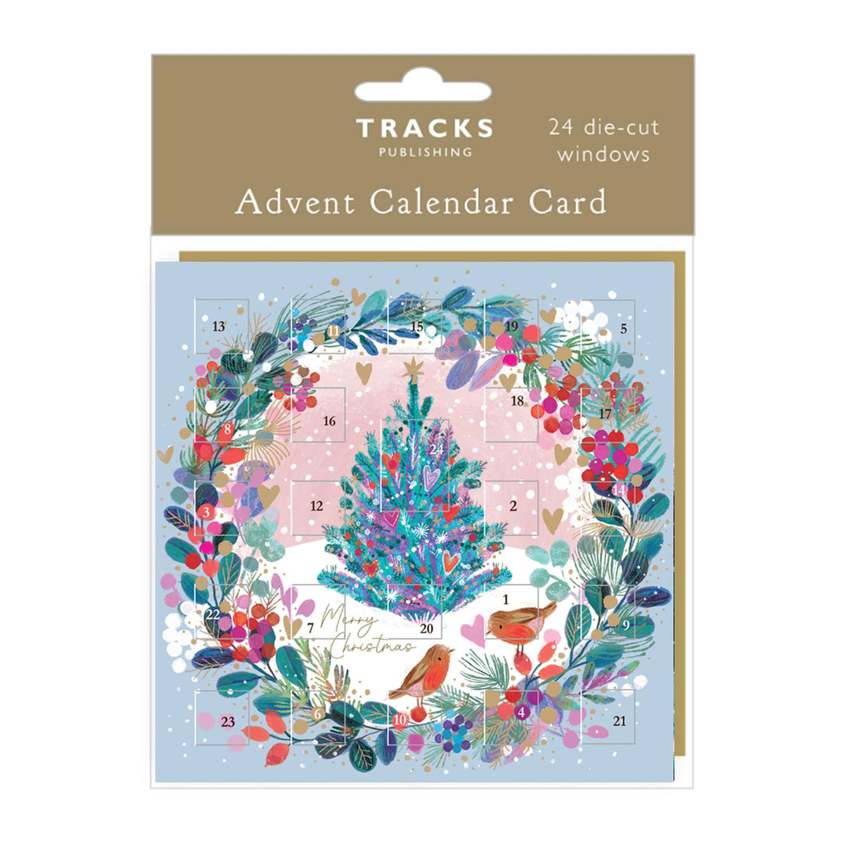 Tracks Publishing Advent Calendar Card - 24 Door Christmas Countdown, 160 x 160 mm, Kraft Envelope - 6 Designs