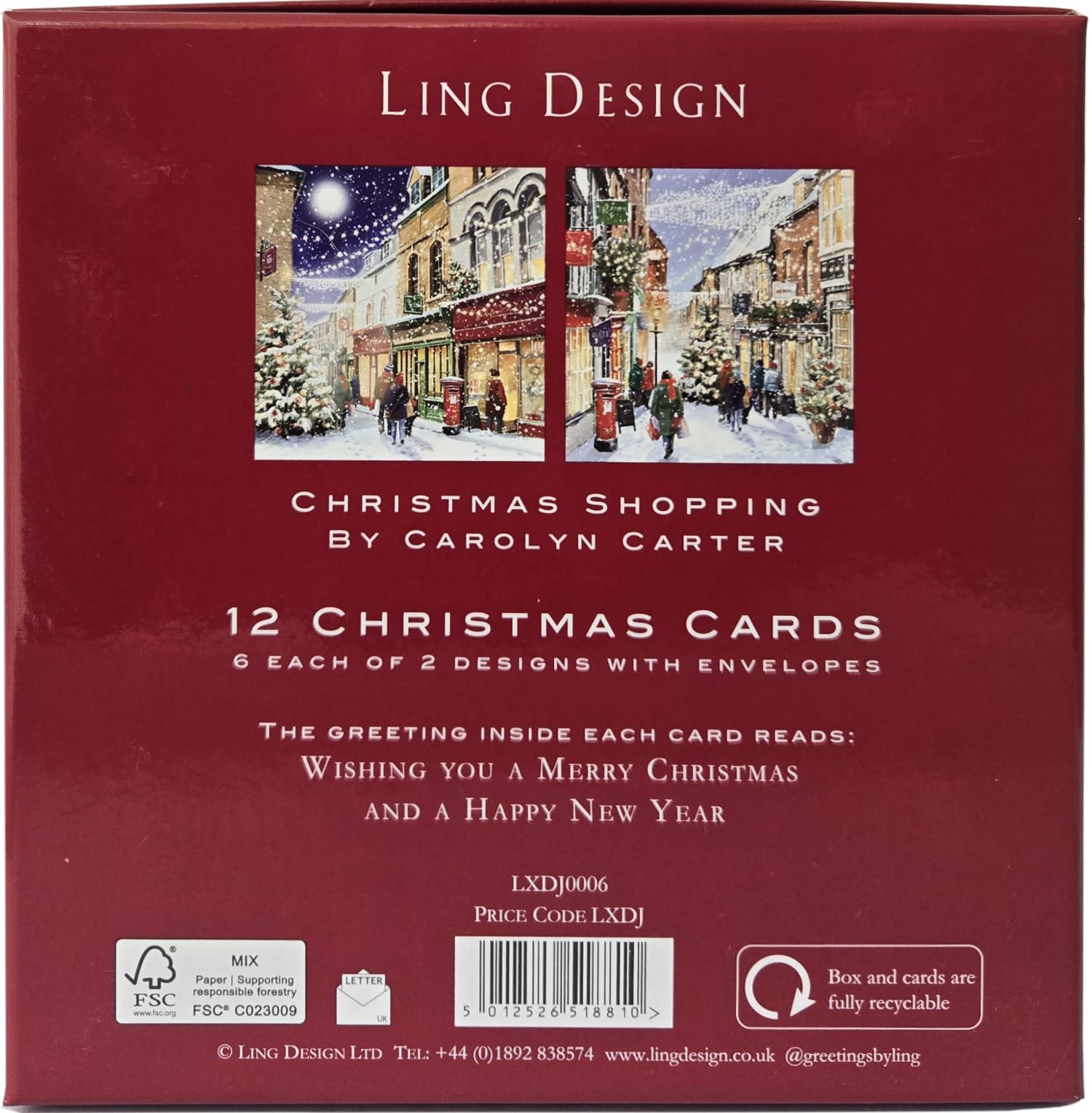 Festive Town Shopping Deluxe Box of 12 Christmas & New Year Cards - 135 x 135mm (5.5x5.5in) - Gloss Finish on Premium Board by Ling Design