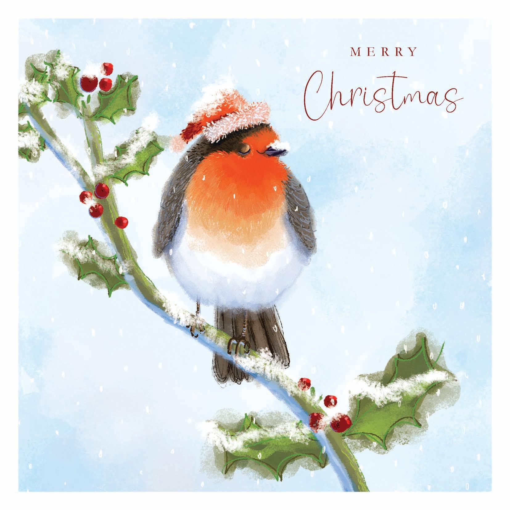 Festive Robin in a Santa Hat Pack of 5 Charity Christmas & Happy New Year Cards with Envelopes - 14x14cm - Eco-Friendly & Recyclable