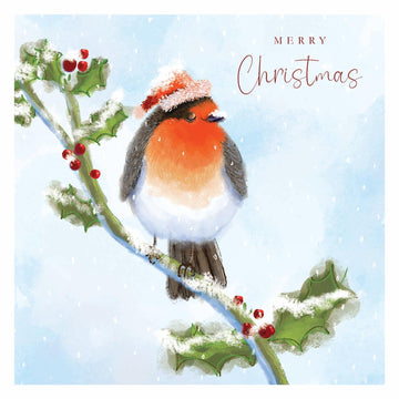 Festive Robin in a Santa Hat Pack of 5 Charity Christmas & Happy New Year Cards with Envelopes - 14x14cm - Eco-Friendly & Recyclable