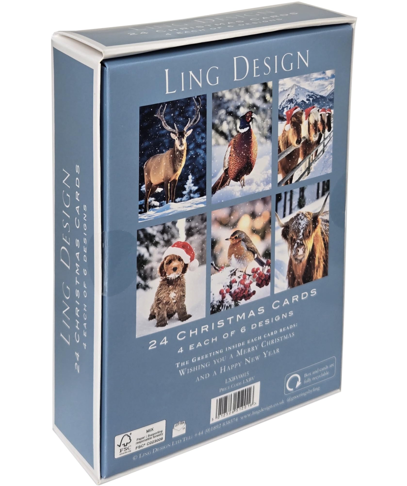 Winter Animals Box of 24 Assorted Christmas & New Year Cards - 4 Each of 6 Designs by Ling Design