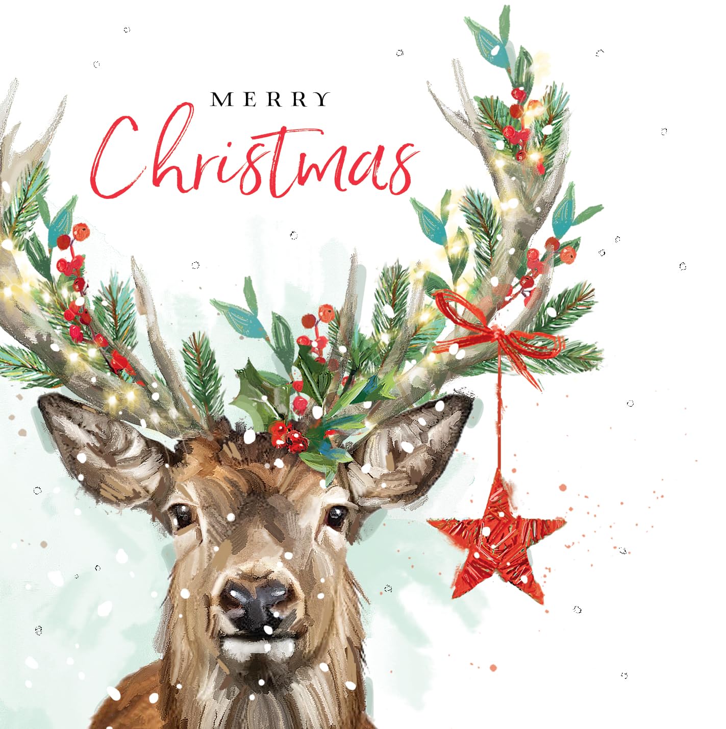 Festive Stag & Robin Deluxe Box of 12 Christmas & New Year Cards - 135 x 135mm (5.5x5.5in) - Gloss Finish on Premium Board by Ling Design
