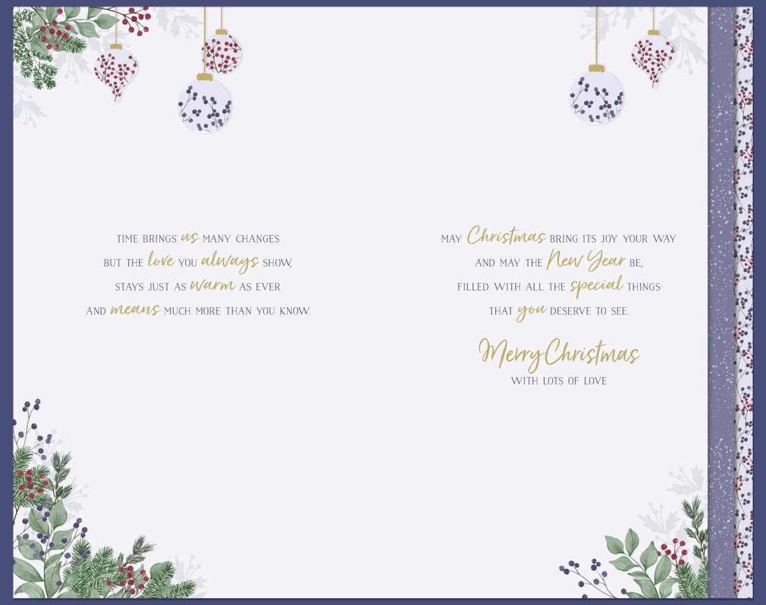 Mum with Lots of Love Festive Heart Wreath - Large Hand Finished Christmas Card (28x18cm) with Gold Emboss Finish - Purple Bow and 3-Page Verses