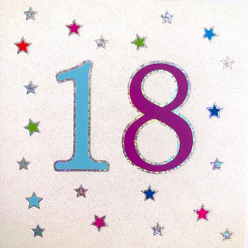 18th Happy Birthday Card Age 18 Hologram Foil and Glitter Colourful Stars Art Magic