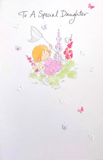 To A Special Daughter Birthday Card Girl Catching Butterflies Net Art Twinkle Toes