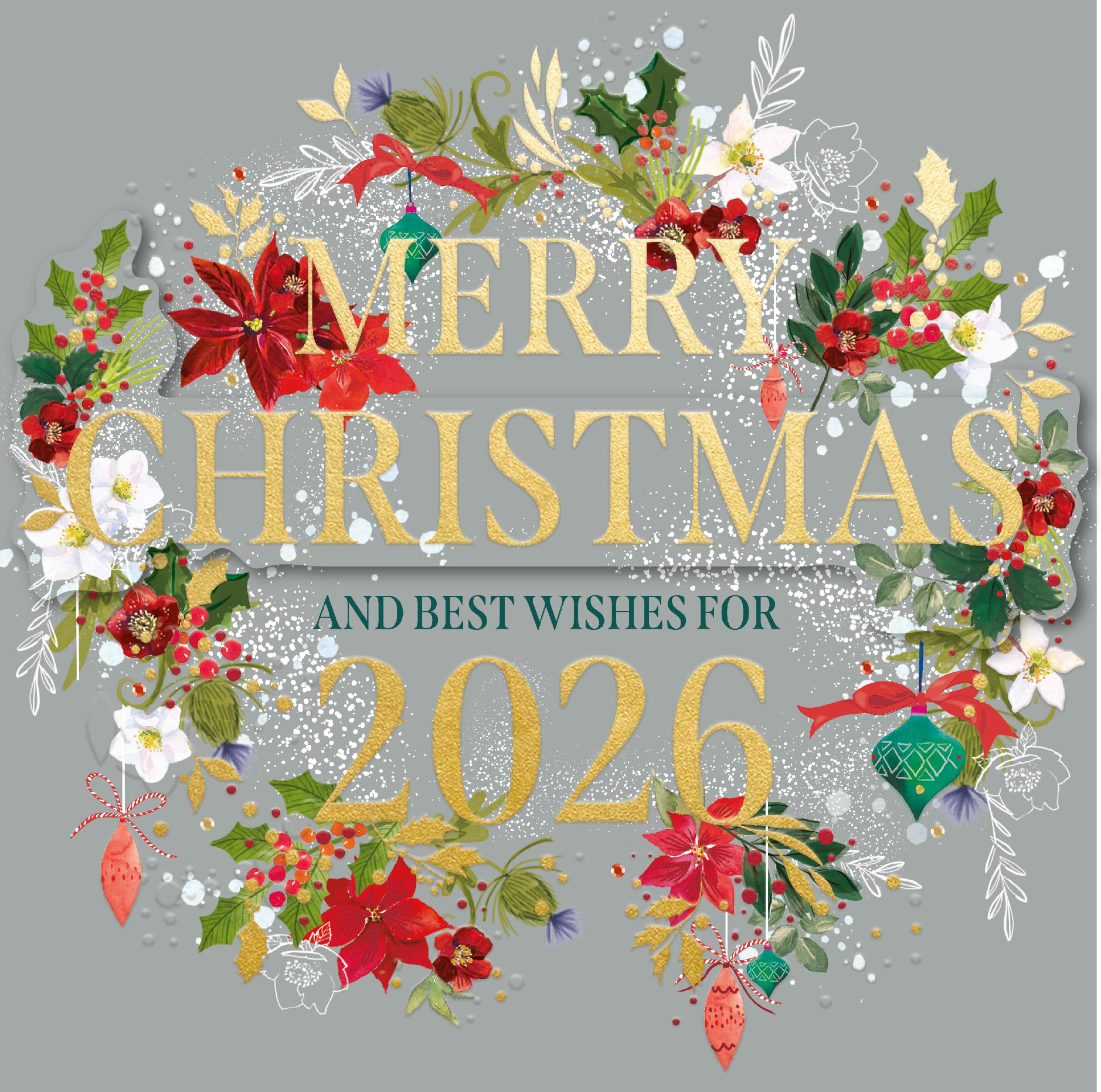 Merry Christmas & Best Wishes for 2026 Luxury Single Xmas New Year Greeting Card by Ling Design - Exquisite Handmade Gold Embossed & Embellished