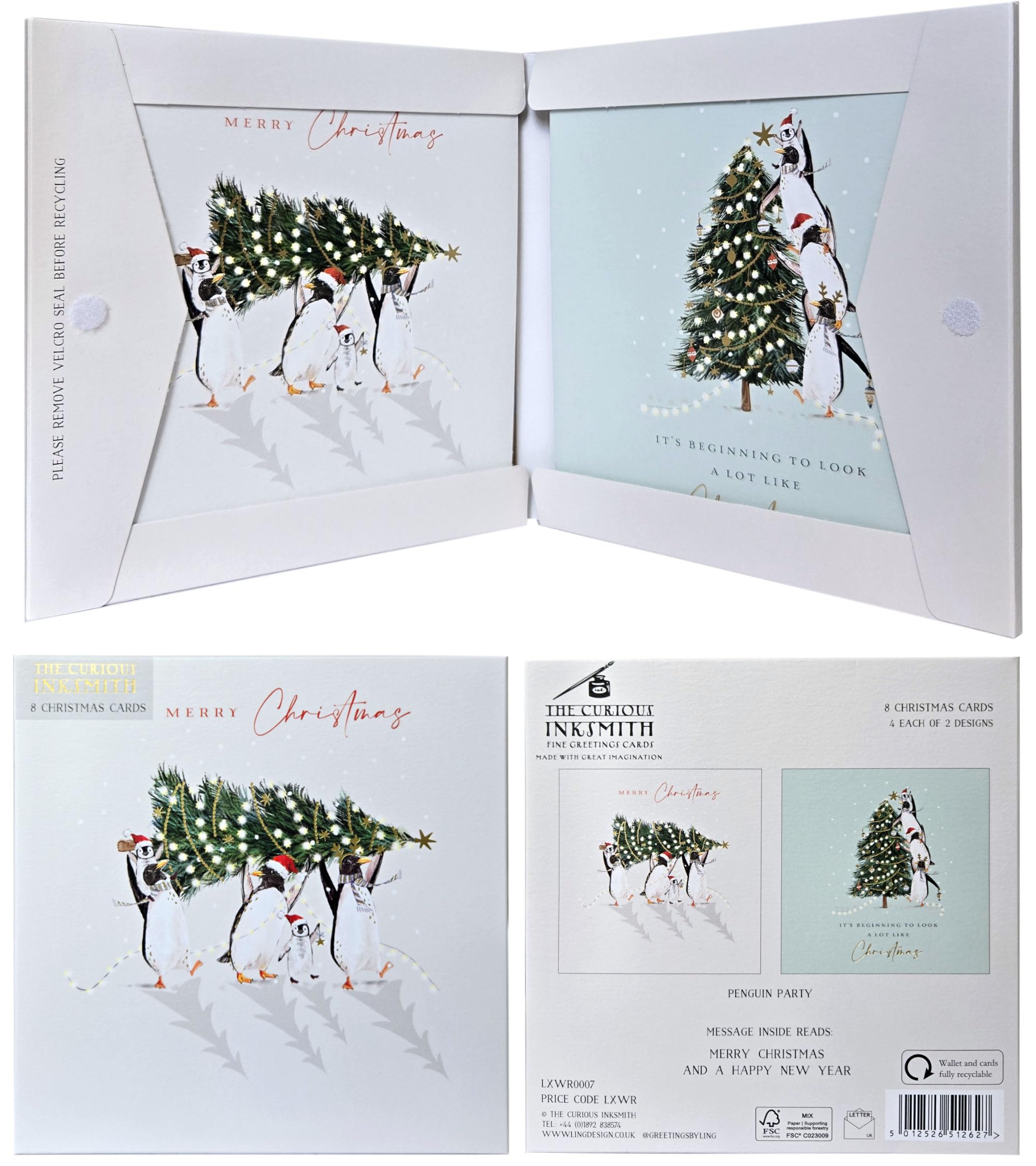 Penguin Party Arts & Crafts Pack of 8 Christmas Cards in 2 Designs by The Curious Inksmith