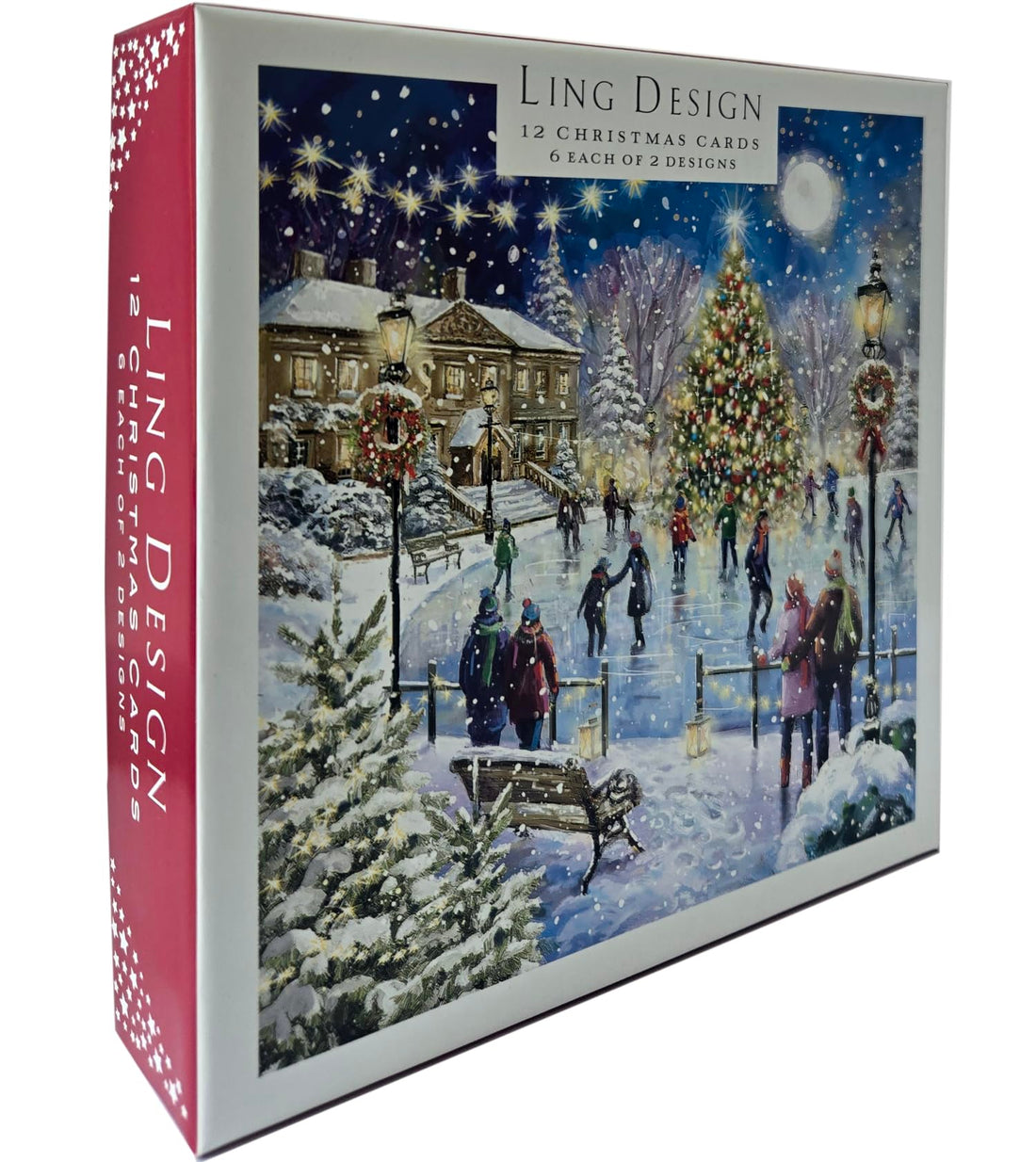 Skating on Xmas Eve - Festive Art Deluxe Box of 12 Christmas & New Year Cards - 135 x 135mm (5.5x5.5in) - Gloss Finish on Premium Board y Ling Design