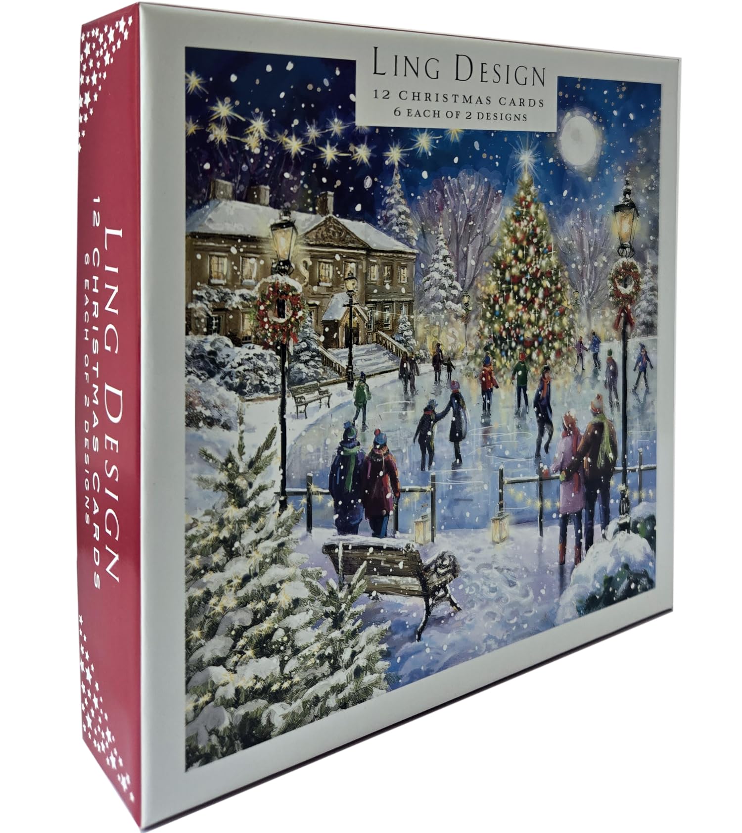 Skating on Xmas Eve - Festive Art Deluxe Box of 12 Christmas & New Year Cards - 135 x 135mm (5.5x5.5in) - Gloss Finish on Premium Board y Ling Design